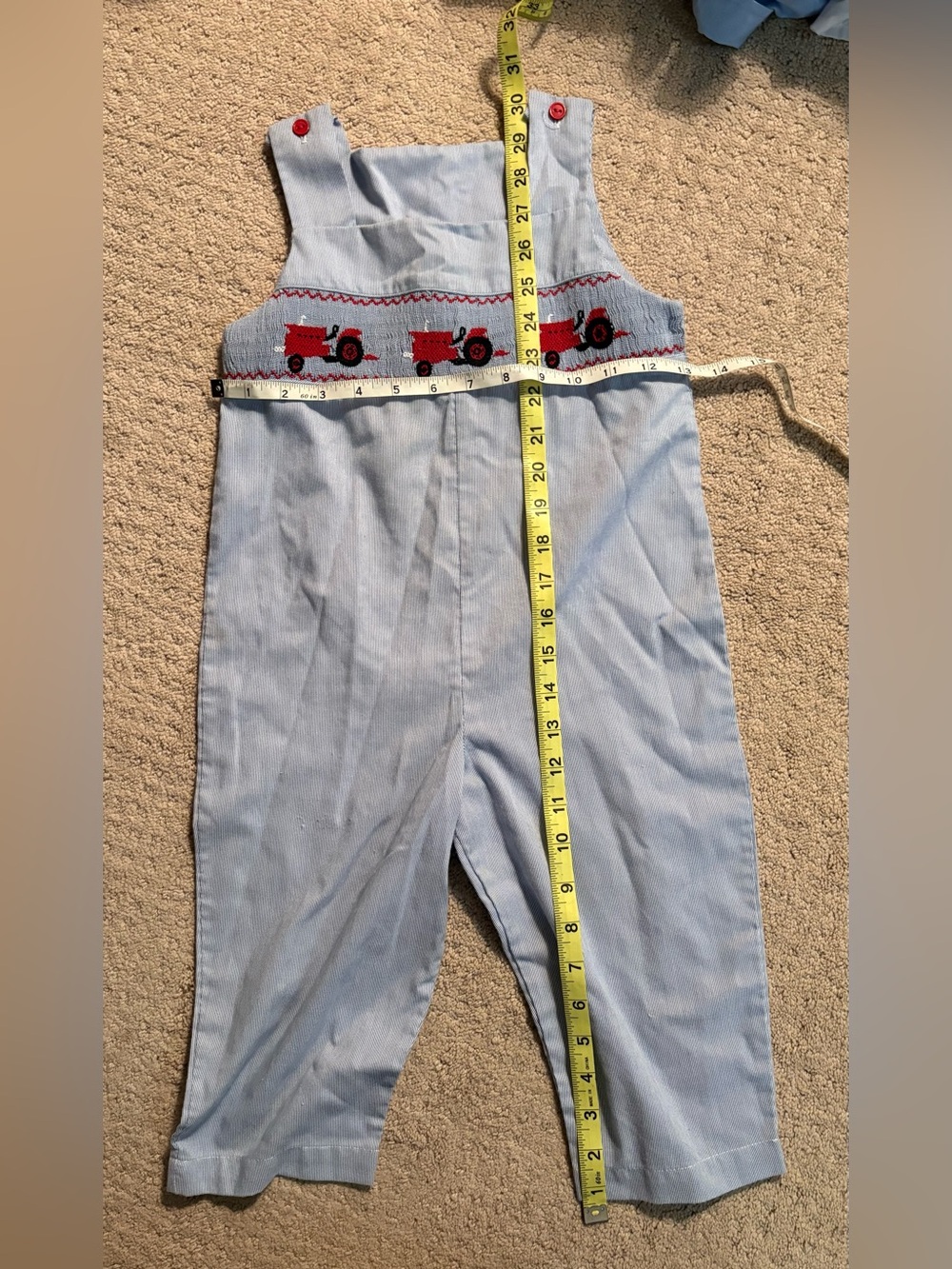 Light Blue Smocked Overalls with Red Tractor Embroidery
